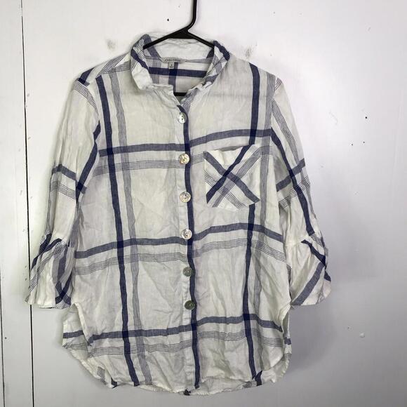 John Mark Top Womens Small Linen Plaid Bell Sleeve Button Front Large Buttons - Picture 1 of 9